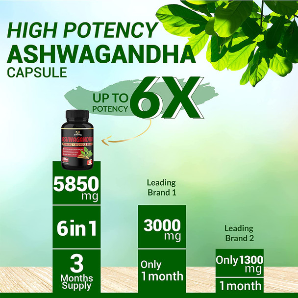3 Months Supply Ashwagandha Capsules 5850 mg  Mood  Energy Support Supplement with Turmeric St.Johns Wort Rhodiola Rosea Extract