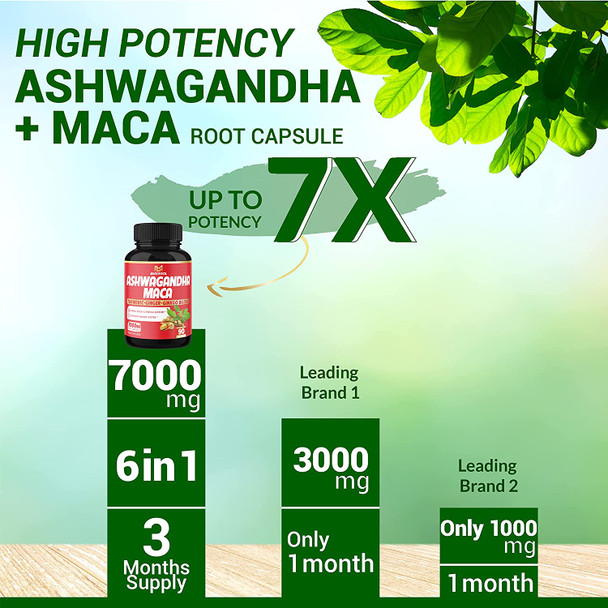 3 Months Supply Ashwagandha Maca Root Supplement  7000mg Herbal Equivalent with Turmeric Ginger  Supports Stress Mood  Strength  Ashwagandha Capsules Maca Pills