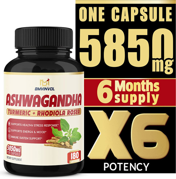 6 Months Supply Ashwagandha Extract Capsules 5850 mg 180 Capsules Mood Immune Support with St.Johns Wort Turmeric Rhodiola Rosea Extract