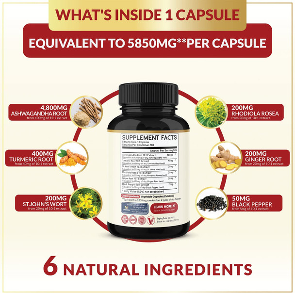 6 Months Supply Ashwagandha Extract Capsules 5850 mg 180 Capsules Mood Immune Support with St.Johns Wort Turmeric Rhodiola Rosea Extract