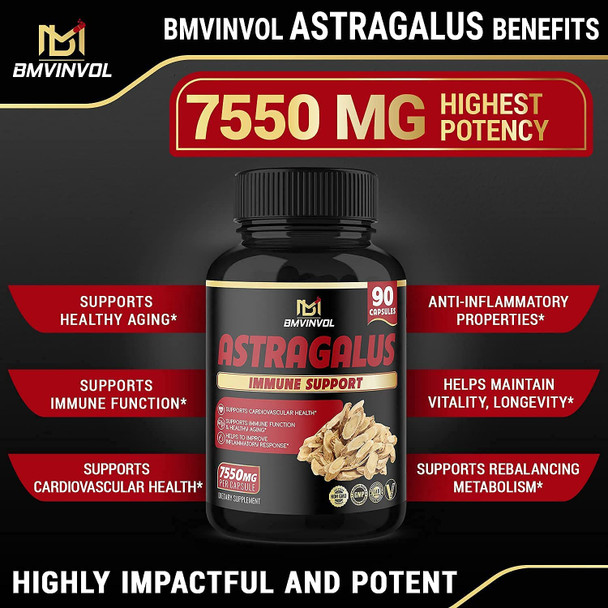 Astragalus Root Capsules 7550 mg  Supports Healthy Cardiovascular Immune Function  High Potency with Ginger Garlic Moringa Tulsi Arjuna  3 Months Supply