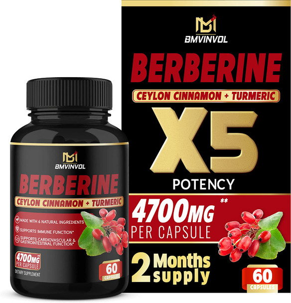 Berberine Supplement 4700mg  High Potency with Ceylon Cinnamon Turmeric  Cardiovascular Gastrointestinal Immune Support  Berberine HCl Supplement Pills