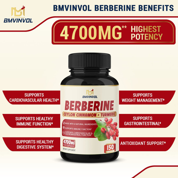 Berberine Supplement 4700mg  5 Months Supply  High Potency with Ceylon Cinnamon Turmeric  Supports Immune System Cardiovascular  Gastrointestinal Function  Berberine HCl Supplement Pills