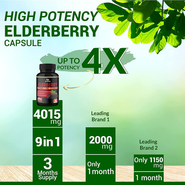 3 Months Supply Elderberry Extract Capsules 4015 mg  9 in 1 Herbal Supplement for Antioxidant  Immune Support  Enhanced with Vitamin D3 Ginger Root