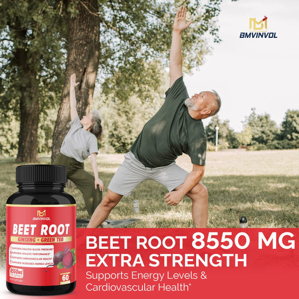 2 Packs Beet Root Extract Capsules  8550mg Herbal Equivalent  Supports Blood Pressure Performance Digestive Immune System  with Ginseng Green Tea Red Spinach Black Pepper  4 Months Supply