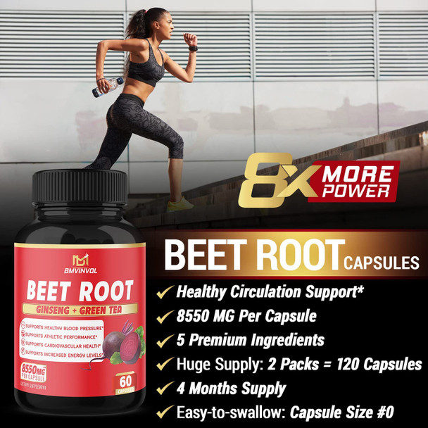 2 Packs Beet Root Extract Capsules  8550mg Herbal Equivalent  Supports Blood Pressure Performance Digestive Immune System  with Ginseng Green Tea Red Spinach Black Pepper  4 Months Supply