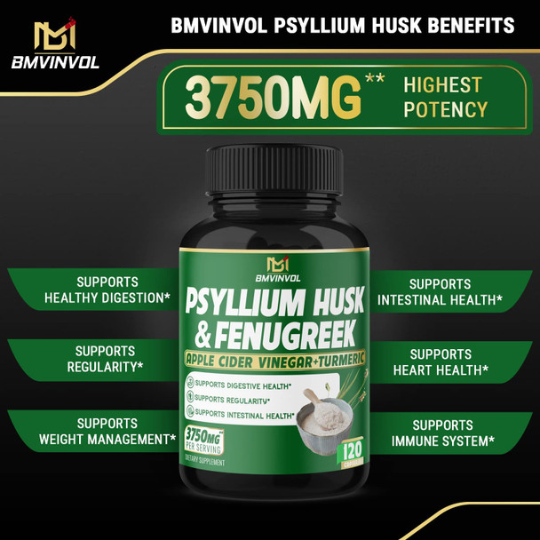 Psyllium Husk Capsules 3750mg  Fenugreek Apple Cider Vinegar Turmeric  Fiber Supplement for Supports Digestive Health  Regularity 120 Count