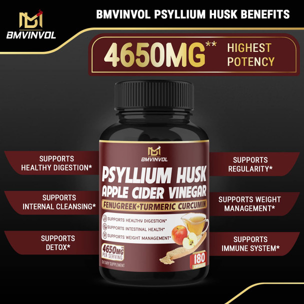 Psyllium Husk Fiber Supplement 4650mg  Apple Cider Vinegar Fenugreek  Supports Weight Management and Digestive Regularity  3 Months Supply