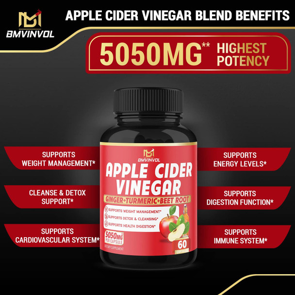 Apple Cider Vinegar Capsules  5050Mg Herbal Equivalent With Ginger Turmeric Elderberry Beet Root  Supports Digestion Detox  Immune  2 Months Supply