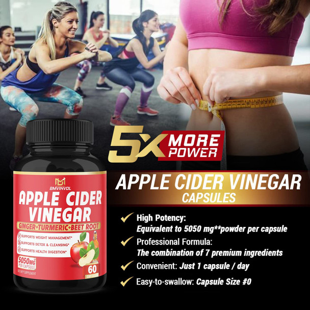 Apple Cider Vinegar Capsules  5050Mg Herbal Equivalent With Ginger Turmeric Elderberry Beet Root  Supports Digestion Detox  Immune  2 Months Supply