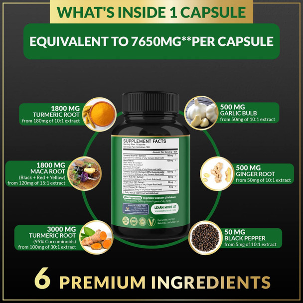5in1 Turmeric Curcumin Capsules 7650mg 95 Curcuminoids Maca Garlic Ginger Black Pepper Supports Joint Health Inflammation Response 180 Count