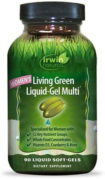 Irwin Naturals Women'S Living Green Liquid-Gel Multi Vitamin - 70 Essential Nutrients, Full-Spectrum Vitamins, Wholefood Blend - Targeted Adrenal & Brain Support - 90 Liquid Softgels