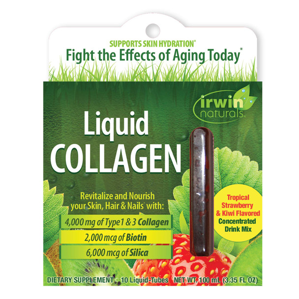 Irwin Naturals Liquid Collagen 4,000mg Hydrolyzed Type 1 & 3 Anti-Aging Support - Healthy Skin, Hair & Nails with Antioxidants, Biotin & Silica - Strawberry Kiwi Flavor - 10 Liquid-Tubes