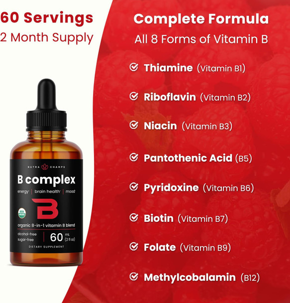 NutraChamps USDA Organic Vitamin B Complex Liquid Drops Sublingual B12 Methycobalamin | B1, B2, B3, B5, B6, B7, B9 | Methylated B Vitamins Complex for Women & Men | Biotin Niacinamide Folate & Folic Acid 2oz