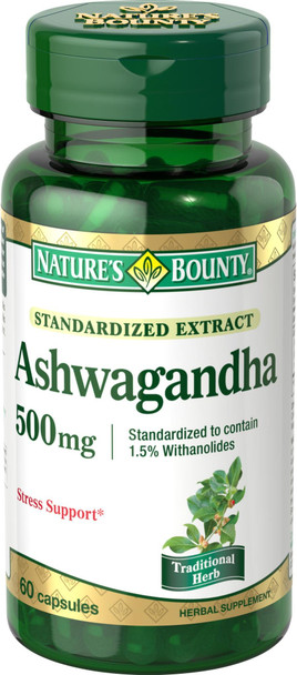 Natures Bounty Ashwagandha 500 mg Standardized Extract Capsules, 60 Count