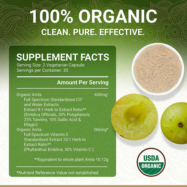 Organic Amla Capsules  Vitamin C  Usda Organic Certified  Whole Food Plant Based Vitamin C  Amalaki Supplement  Derived From Amla Fruit  Indian Gooseberry  Vegan  Ayurveda  60 Amala Pills