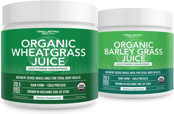 Organic Wheatgrass Juice Powder Plus Organic Barley Grass Juice Powder  USA Grown in Volcanic Utah Soil Both Raw Form  5.3 oz