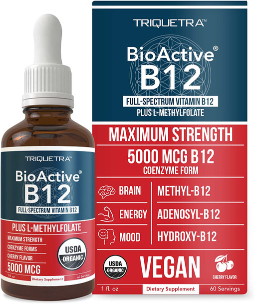 Organic Vitamin B12  5000 mcg 3 BioActive B12 Forms Methyl B12 Adenosyl B12  Hydroxy B12  Plus LMethylfolate Cofactor  Sublingual Form Cherry Flavor Vegan NonGMO 60 Servings