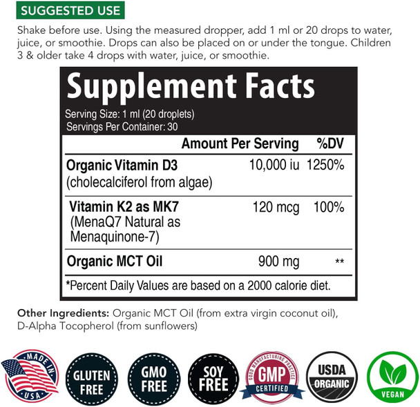 Organic Plant D3  K2  10000 iu D3  AllTrans MK7 from MenaQ7 120 mcg K2  100 Organic  PlantBased Sublingual D3 Drops Cholecalciferol 100 Vegan  Supports Immunity Bone Mood  Brain