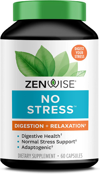 Zenwise No Stress Probiotics Digestion and Stress Relief Ashwagandha Magnesium Probiotics and Vitamin D for Brain Focus Constipation Bloating and Mood Relaxation Plus Immune Support 60 CT