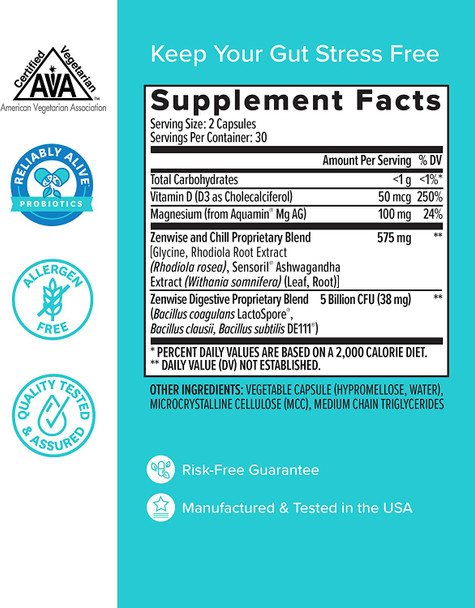 Zenwise No Stress Probiotics Digestion and Stress Relief Ashwagandha Magnesium Probiotics and Vitamin D for Brain Focus Constipation Bloating and Mood Relaxation Plus Immune Support 60 CT