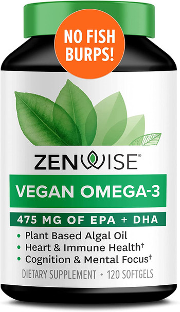 Zenwise Vegan Omega3 Plant Based Fish Oil Alternative Marine Algal Source for EPA and DHA Fatty Acids  Burpless Supplement for Brain Health Joint Support Immune System Heart  Skin  120 ct