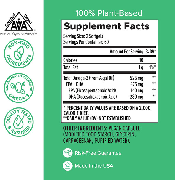 Zenwise Vegan Omega3 Plant Based Fish Oil Alternative Marine Algal Source for EPA and DHA Fatty Acids  Burpless Supplement for Brain Health Joint Support Immune System Heart  Skin  120 ct