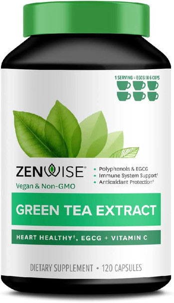 Zenwise Green Tea Extract with EGCG  Vitamin C  Antioxidant  Immune Supplement  Vegan Skin  Heart Support  Brain Health  Memory Boost  120 Count