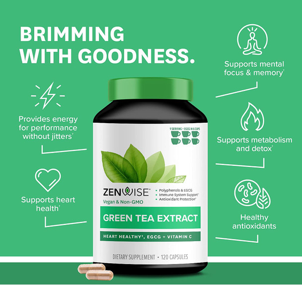 Zenwise Green Tea Extract with EGCG  Vitamin C  Antioxidant  Immune Supplement  Vegan Skin  Heart Support  Brain Health  Memory Boost  120 Count