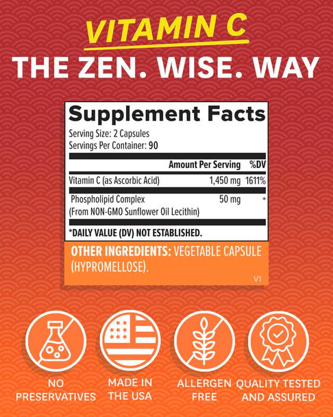 Zenwise Vitamin C Liposomal Ascorbic Acid 1500 MG of Organic Highly Bio Available Vitamin C for Immune Health Natural Energy Boost and Skin Care Support 3 Month Supply 180 Capsules