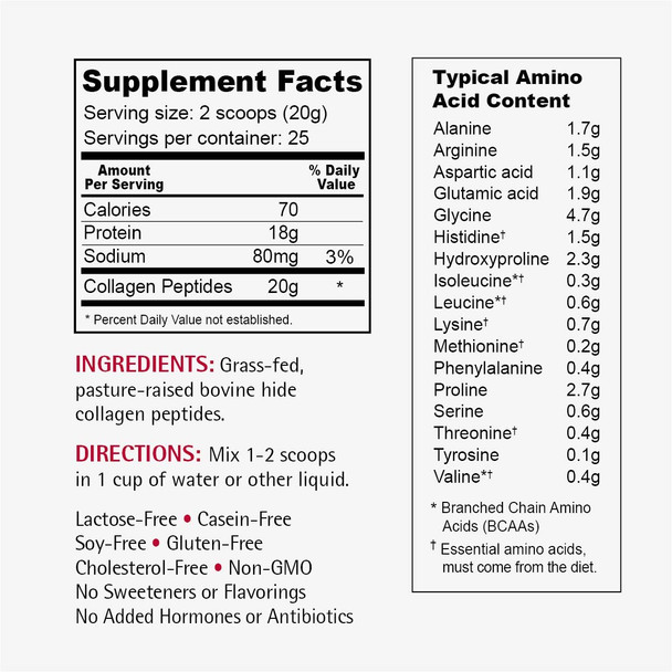 Collagen Peptides  Pasture Raised Grass Fed 100 Collagen Protein  Hydrolyzed Type I and III Collagen Peptides Powder Unflavored 500 Grams/ 17.6 Ounces