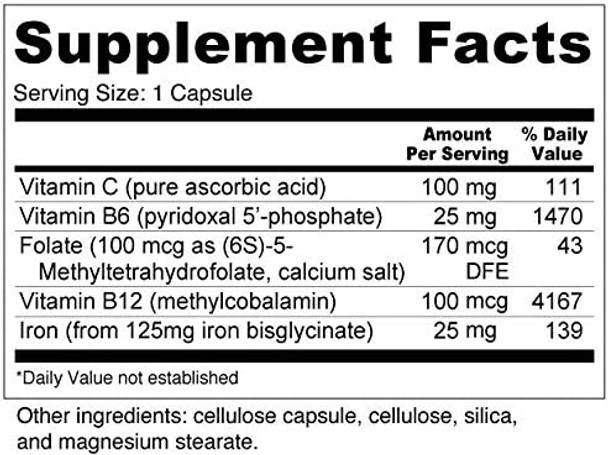 Blood Booster for Energy and Fatigue  Gentle Nonconstipating Iron Methylfolate and Other coenzyme B Vitamins 180 caps  Vegan Gluten Free NonGMO