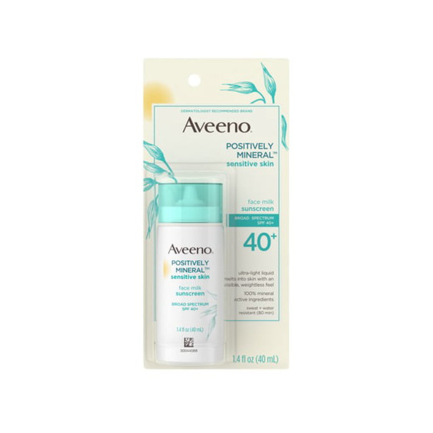 Aveeno Positively Mineral Sensitive Skin SPF 40+ Sunscreen Face Milk with Zinc Oxide & Titanium Dioxide, Invisible Oil-Free Liquid Facial Sunscreen, Paraben- & Phthalate-Free, 1.4 fl. oz