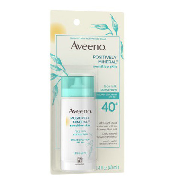 Aveeno Positively Mineral Sensitive Skin SPF 40+ Sunscreen Face Milk with Zinc Oxide & Titanium Dioxide, Invisible Oil-Free Liquid Facial Sunscreen, Paraben- & Phthalate-Free, 1.4 fl. oz