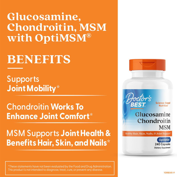 Doctor's Best Glucosamine Chondroitin Msm with OptiMSM Capsules Supports Healthy Joint Structure Function & Comfort Non-GMO Gluten Free Soy Free 240 Count