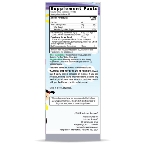 Natures Answer Sambucus Syrup Elderberry Kids Formula, 8 Ounce | Natural Immune Booster | Taste that Kids Love | Flu Season Support | Packed with Antioxidants
