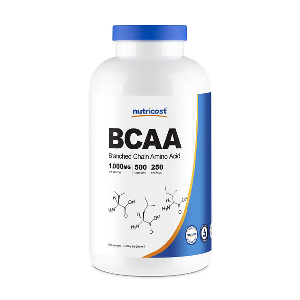 Nutricost BCAA Capsules 2:1:1 500mg, 500 Caps - 500mg of L-Leucine, 250mg of L-Isoleucine and L-Valine Per Capsule