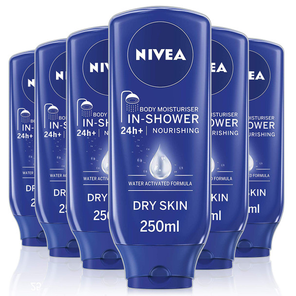 NIVEA In-Shower Body Moisturiser Nourishing for Dry Skin Pack of 6 (6 x 250ml), Body Moisturiser for Use in the Shower, Moisturiser for Women with Almond Oil