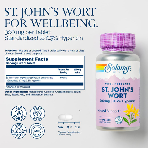 Solaray St. Johns Wort Aerial Extract One Daily 900mg | Standardized w/ 0.3% Hypericin for Mood Stability & Brain Health Support | Non-GMO (60 CT)