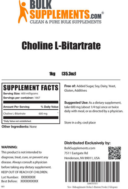 BulkSupplements.com Choline L-Bitartrate Powder - Choline Supplements for Liver - Memory and Focus Supplements (1 Kilogram - 2.2 lbs)