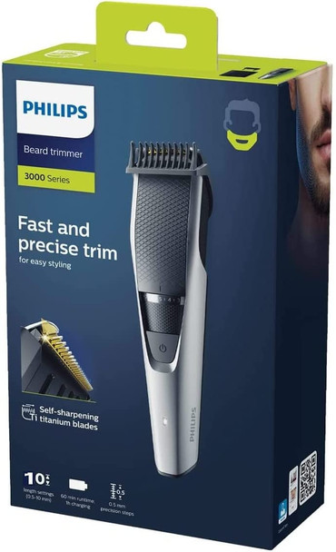 Philips Beard & Stubble Trimmer for Men, Series 3000, 10 Length Settings, Self-Sharpening Blades, UK 3-Pin Plug - BT3206/13