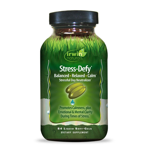 Irwin Naturals Stress-Defy Healthy Stress Response Support Supplement - Relax Body & Mind with GABA, Rhodiola, Scullcap & L-Theanine - 84 Liquid Softgels