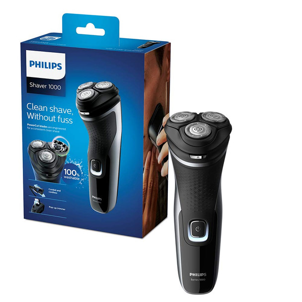 Philips Shaver Series 1000 with PowerCut Blades, Dry Men's Electric Shaver with Pop Up Trimmer, 40 mins Run Time, Shiny Black - S1332/41