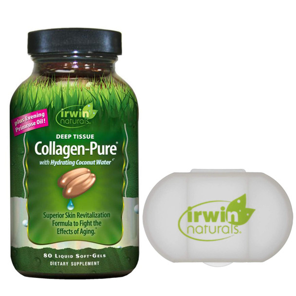 Irwin Naturals Deep Tissue Collagen-Pure Intense Skin Nourishment Aging Skin Revitalization with Hydrating Coconut Water Evening Primrose Oil - 80 Liquid Soft-Gels - Bundle with a Pill Case