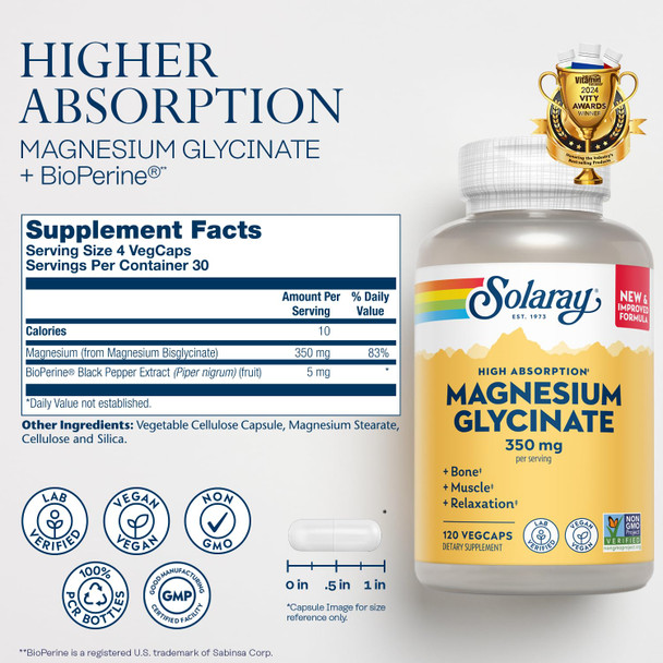 Solaray High Absorption Magnesium Glycinate, 350 mg 120 VegCaps
