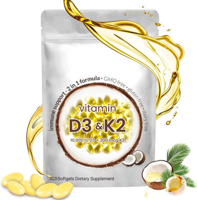 2-In-1 Vitamin D3 K2 Supplement Softgel, 10000 Iu Vit D3 + 200 Mcg