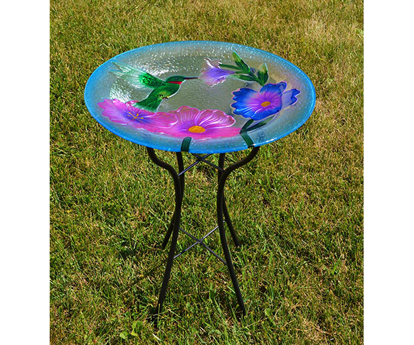 Hummingbird Embossed Glass Birdbath with Stand - Thumbnail 4