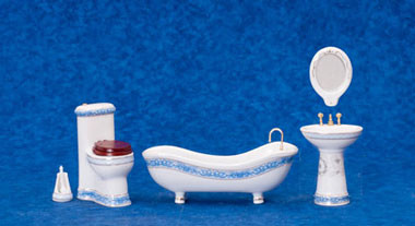 AZTEC - 1 Inch Scale Dollhouse Miniature Bathroom Furniture - Bath Set 5 pcs White With Blue Trim (AZT5439)
