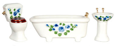 AZTEC - 1" Scale Dollhouse Miniature - Blue Floral Bath Set/3/Cs (T6649)