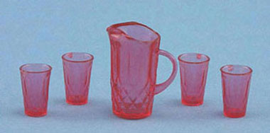 CHRYSNBON - 1 Inch Scale Dollhouse Miniature - Cranberry Pitcher With 4 Tmblers Kit (CB092C)